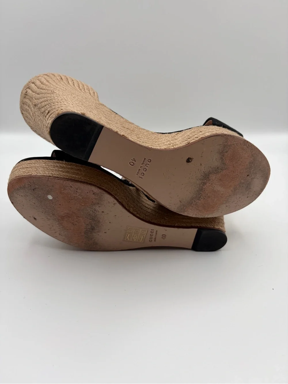 Gucci Horsebit Kid Suede Espadrille Wedge Sandals Black Size 40 - Picture 9 of 9